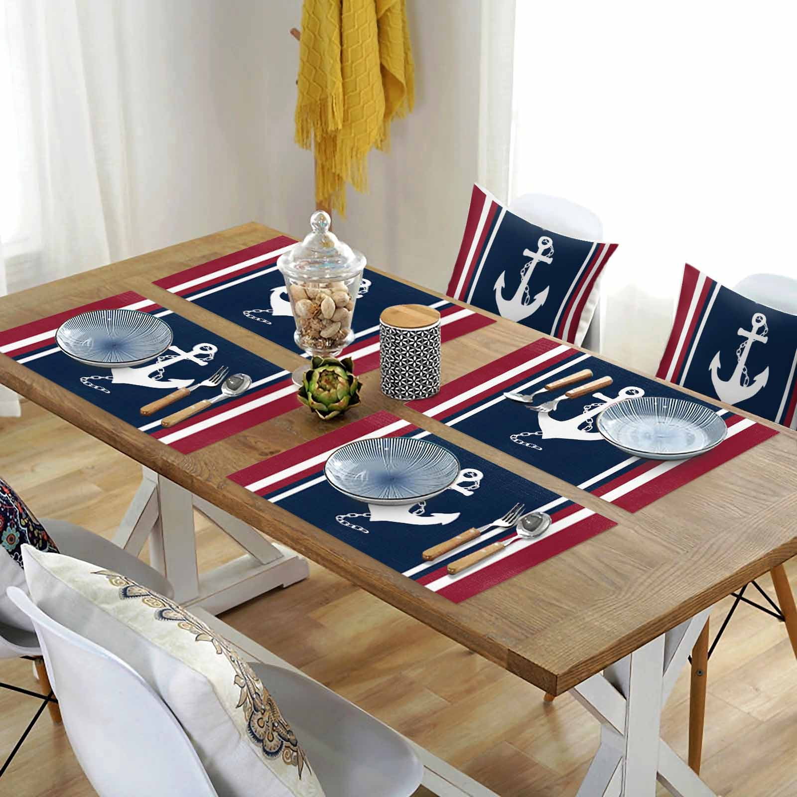 Placemats Set of 4, Nautical Anchor Placemats Set of 4, Navy Blue Red Stripes Tablemats Washable Placemat Table Decoration for Kitchen Table Dinner Party Home Decor Indoor Outdoor 13x19 Inch