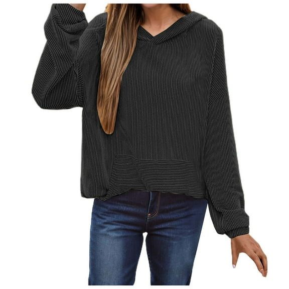 Xudanell Crewneck Sweatshirts Women Ribbed Knit Shirt Pullover Hoodie Long Sleeve Tops for Women Black S
