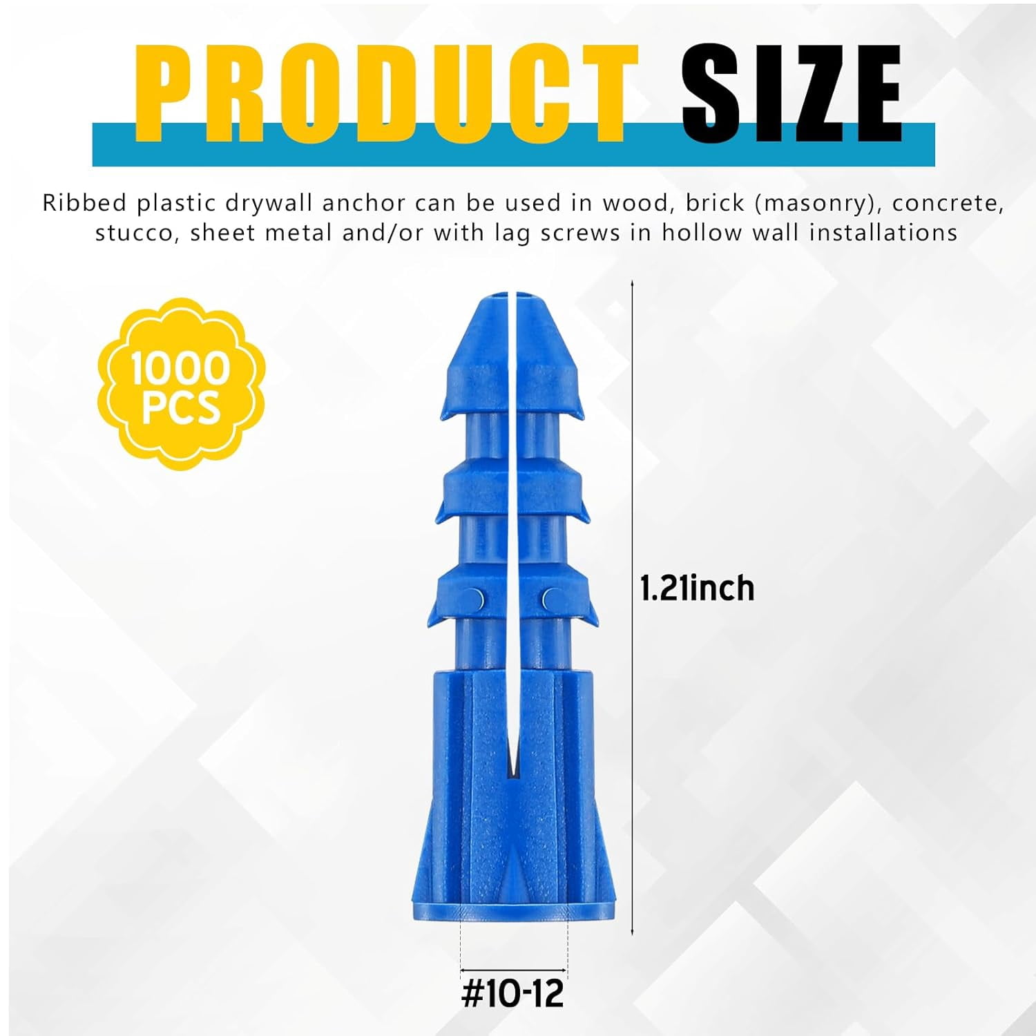 1000 Pieces Ribbed Plastic Anchors #10-12 x 1 Inch Drywall Anchors Plastic Wall Anchor Lightweight Blue Screw Anchor for Hollow Walls Concrete Pictures Artwork Decor Anchoring Application