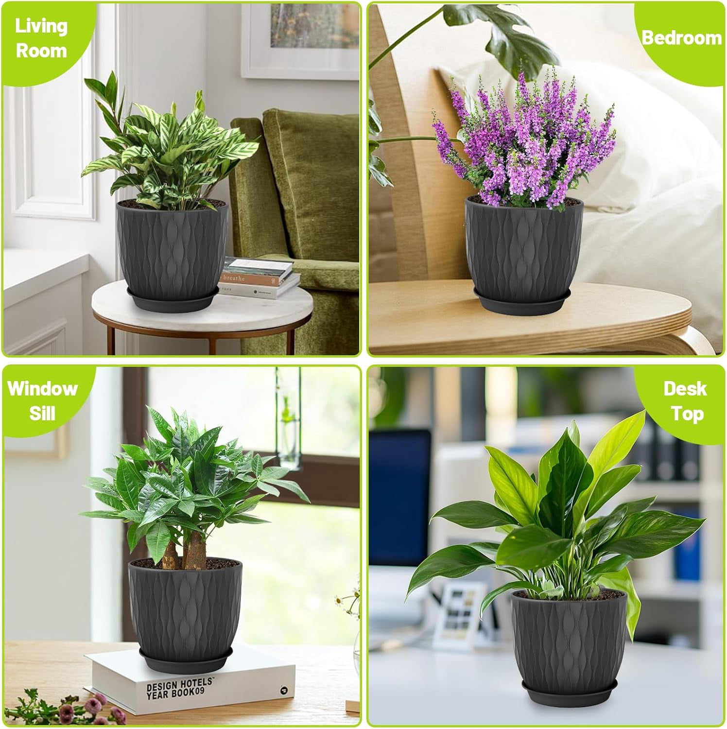 Set of 5 Plastic Plant Pots, 10 9 8 7.5 7 Inch Flower Planters with Drainage & Saucers, Black