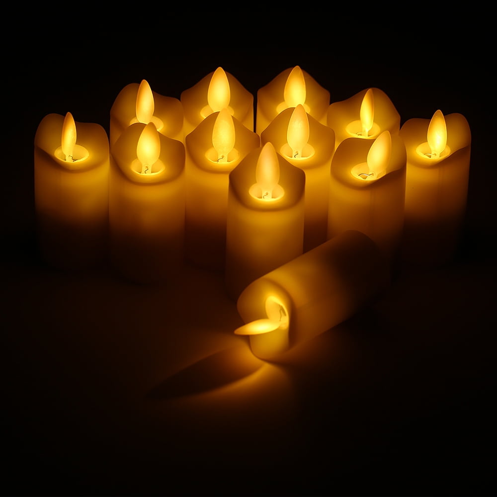 Set of 12 Rechargeable LED Pillar Candles - Flameless, Warm Yellow, Flickering Electric Candle Lights for Christmas, Weddings, and Parties