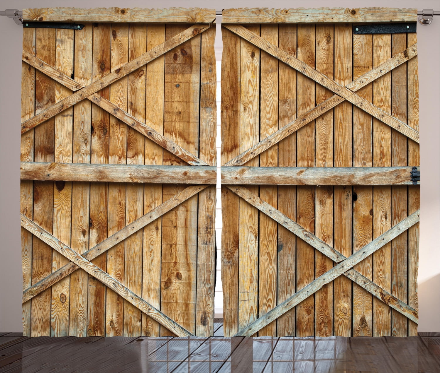 Rustic Stall Wooden Barn Door Print Blockout Window Curtain 2 Panels Set Fabric 