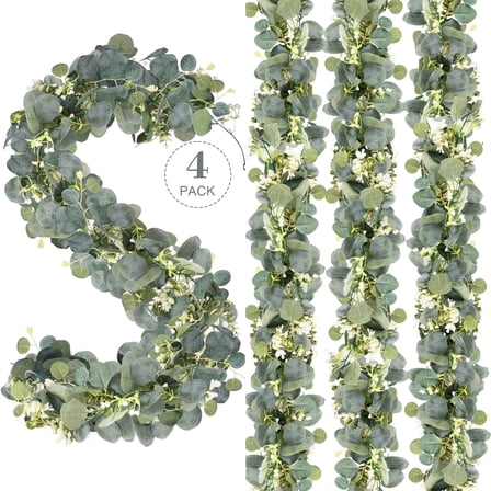 Beteliva 4pack Artificial Eucalyptus Garland – Fake Greenery Vines with Realistic Leaves & White Flowers for Wedding, Home Decor(Indoor/Outdoor)