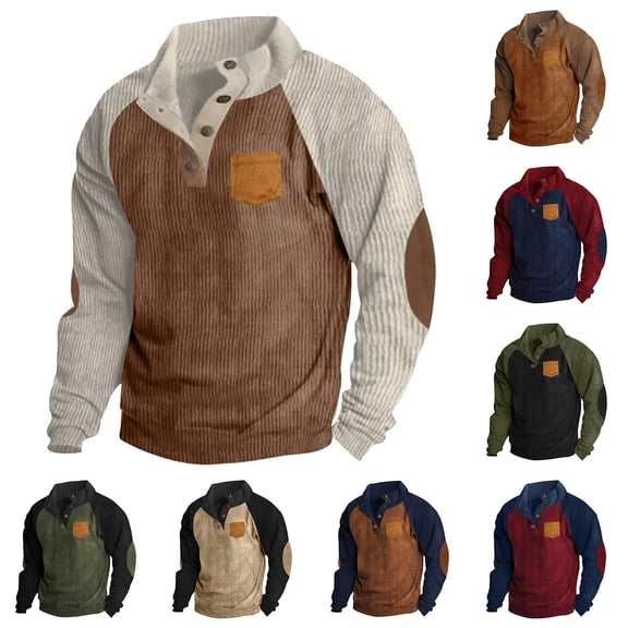 Men's Raglan Sleeve Stand Collar Sweatshirt, Outdoor Casual Button Front Pullover Top for Fall, Hiking,Army Green,L