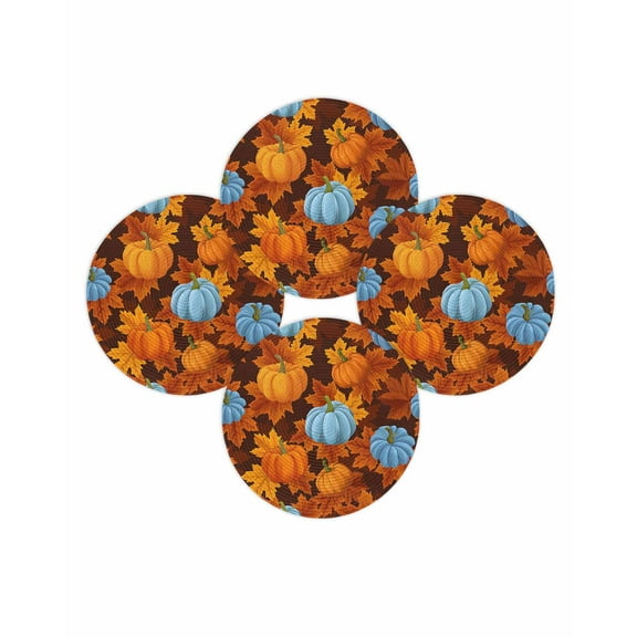 Fall Round Placemats Set of 4 Blue Pumpkins Place Mats Thanksgiving Woven Placemat Burnt Orange Autumn Maple Leaf Circle Braided Table Mat for Kitchen Dining Table Autumn Party Home Decor 15 Inch