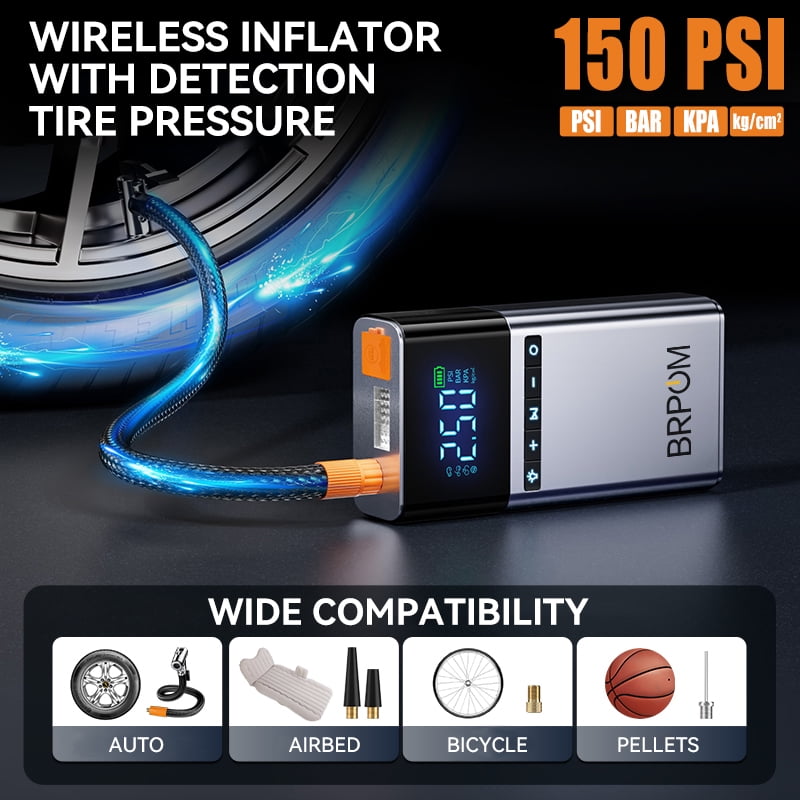 BRPOM Portable Car Jump Starter with Air Compressor, 12V Battery pack for Gas/Diesel Engines, 7500A High Power, Digital Display, LED Lights, USB Type-C Charging, Rechargeable Lithium Polymer Battery