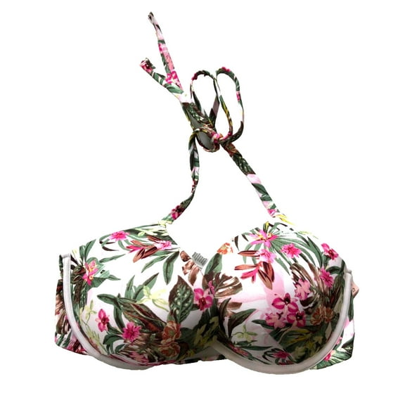 Victoria's Secret Bombshell Add-2-Cups Push-Up Swim Bikini Top White Tropical Floral Size 32D NWT