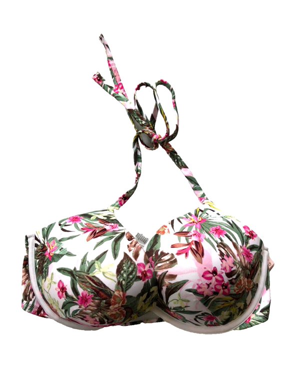 Bombshell Add-2-Cups Push-Up Swim Bikini Top White Tropical Floral Size 32D NWT