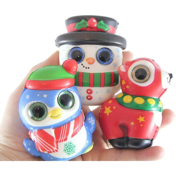 Set of 3 Sparkle Eye Winter Animal Themed Slow Rise Squishy Toys - Memory Foam Squish Stress Ball - Winter Christmas (RANDOM ANIMALS)
