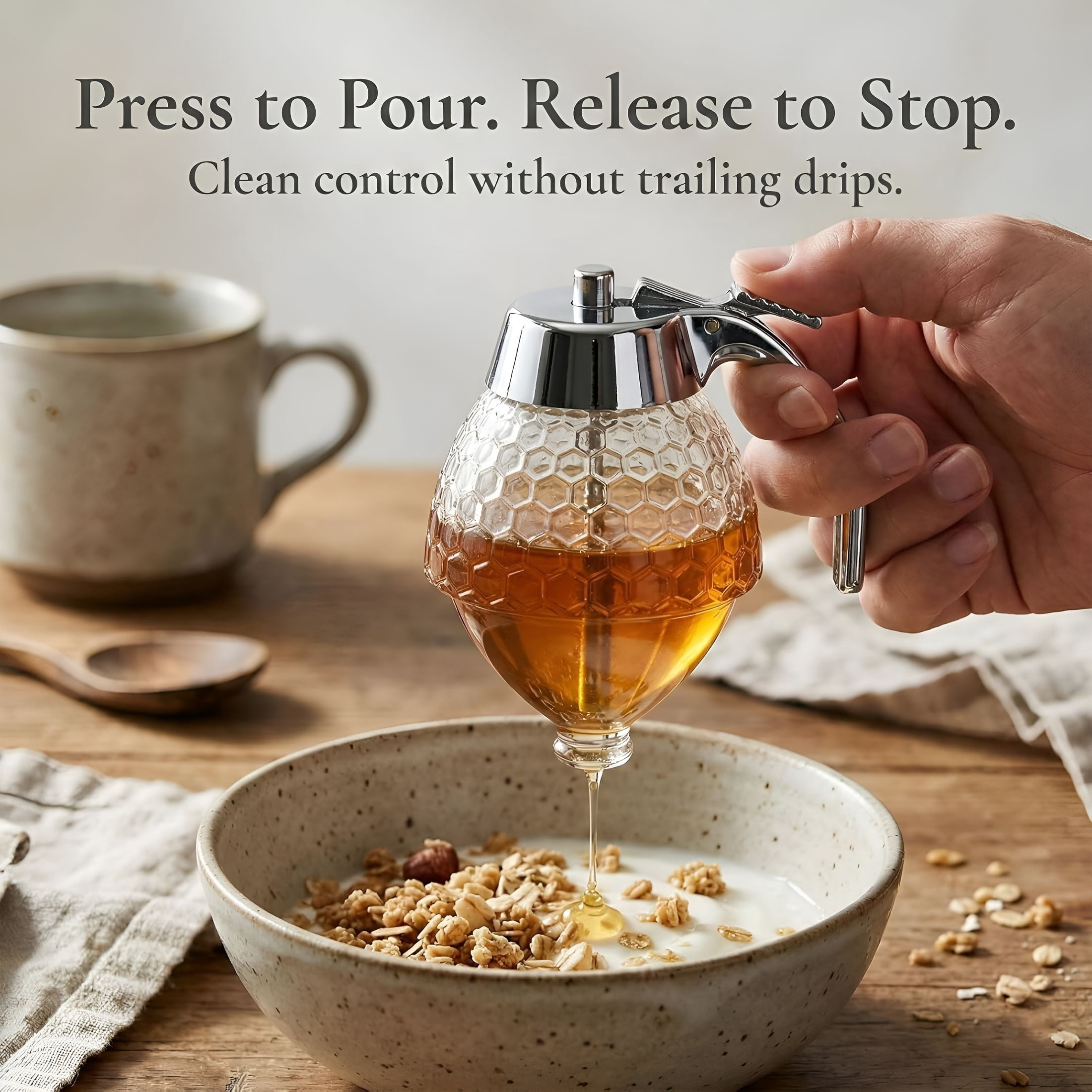 ACDANC Honey Dispenser No Drip,8 Oz Glass Honey Jar with Stand,Leak-Proof Syrup Dispenser for Honey,Maple Syrup and Coffee Syrup,Clear Honeycomb Honey Pot for Coffee Bar & Breakfast Table