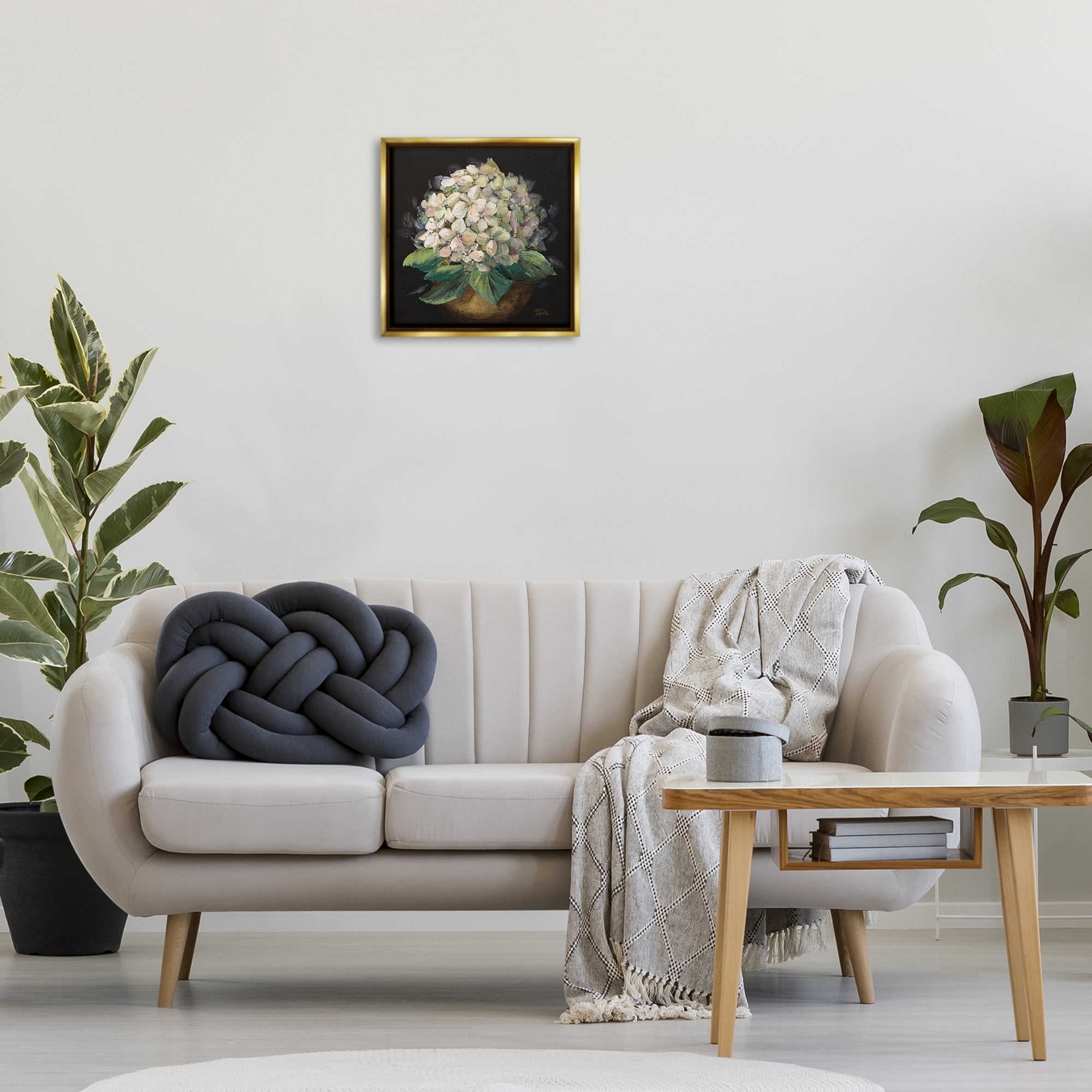 Stupell Industries Potted Hydrangea Plant Plants & Flowers Painting Gold Floater Framed Canvas Art Print Wall Art, 18 x 18