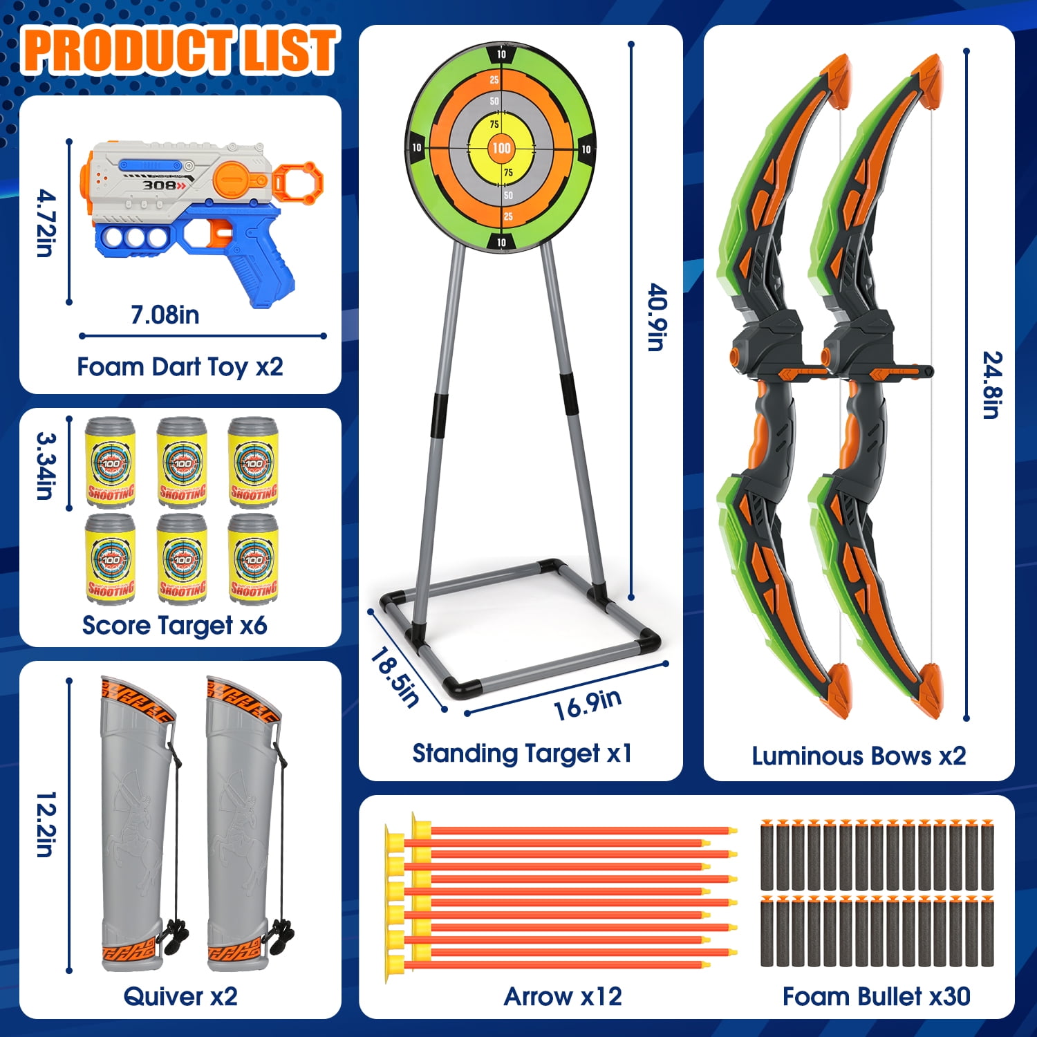 Huge Wave 2 pack Bow and Arrow Set for Boys, Ultimate Glow Archery & Shooting Set, with Standing Target & Quivers, Christmas Outdoor Toys Gift for Kids  Aged 6-12