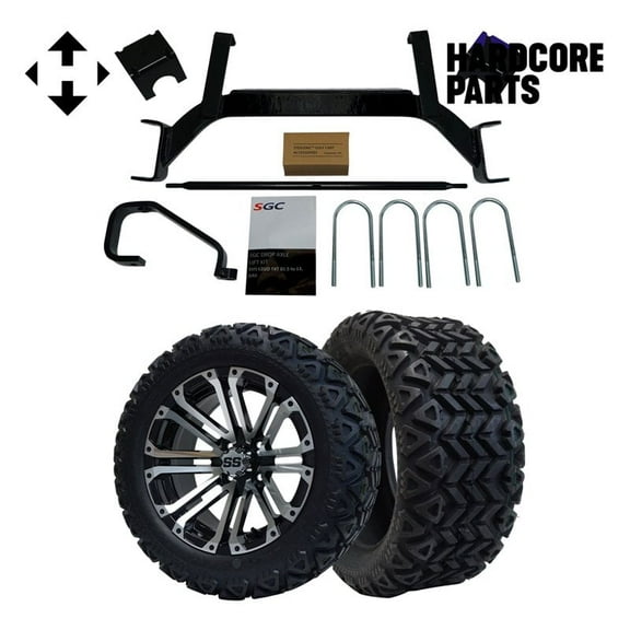 Hardcore Parts 6" Drop Axle Lift Kit for EZGO TXT/PDS (2001.5-2008) Gas Golf Cart with 14" Machined/Black 'LANCER' Wheels and 23"x10"-14" DOT rated All-Terrain tires