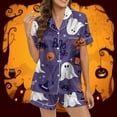 thumbnail image 2 of SAZBJOJN Womens Halloween Pajama Sets Collared Short Top and Short Pants 2 Piece Sleepwear Festive Printed Loungewear Soft PJs Set for Women Party Home Sleeping Purple S, 2 of 5