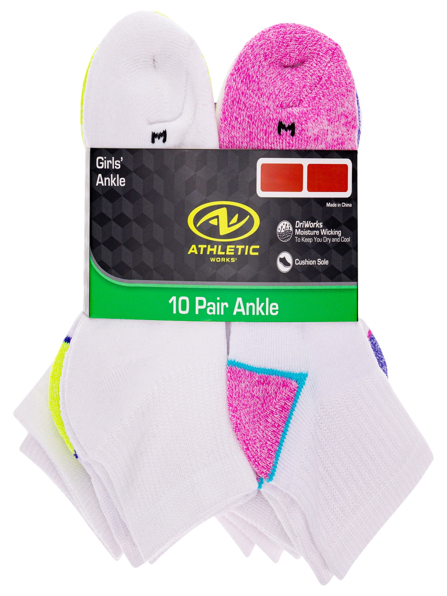 Athletic Works Girls Cushioned Comfort Ankle Socks, 10 Pack, Sizes S-L