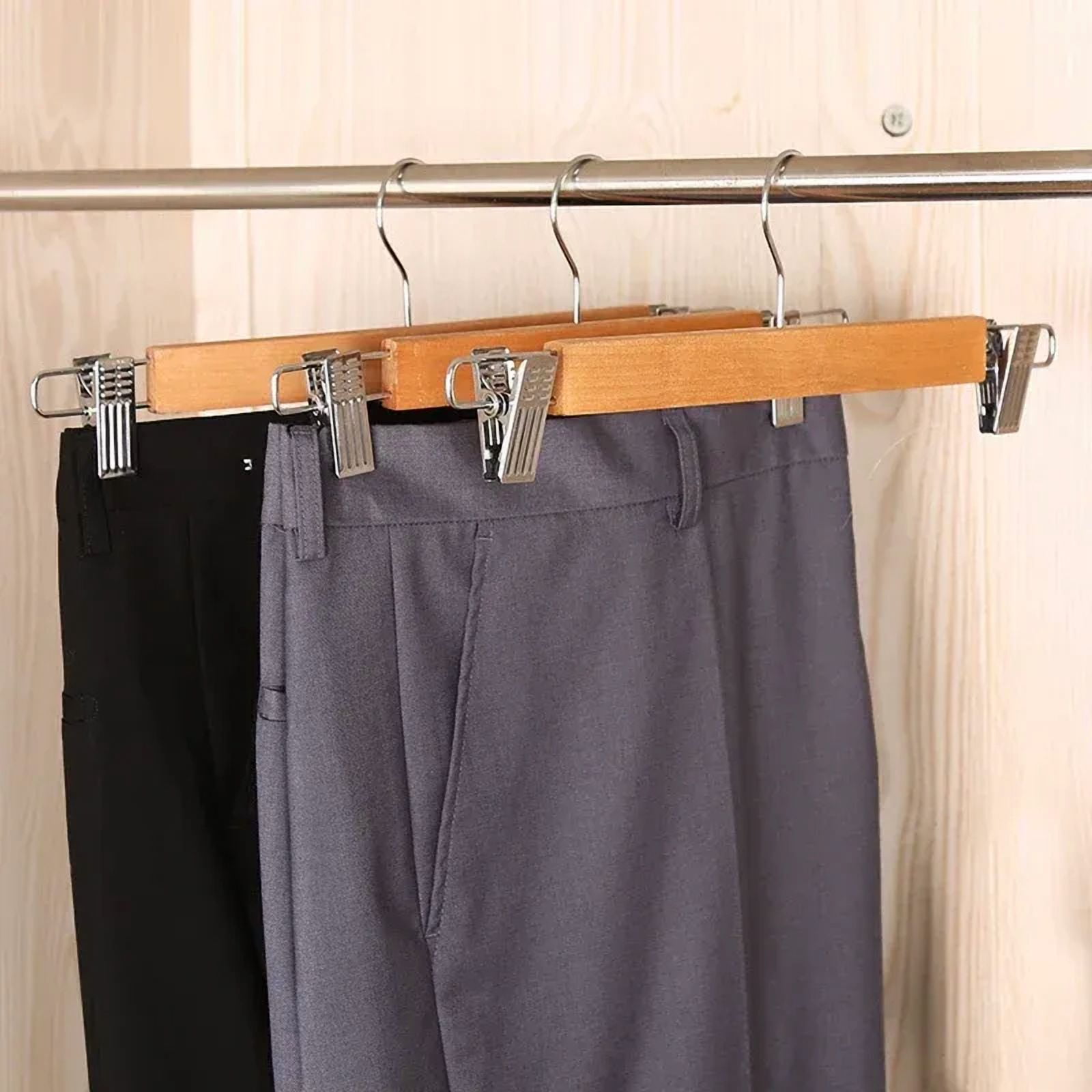 Wooden Skirt Hangers with Adjustable Clips (Pack of 1/5) Non-Slip Trouser Hanger Natural Finish Lotus Wood Pants hangers 360 Deg