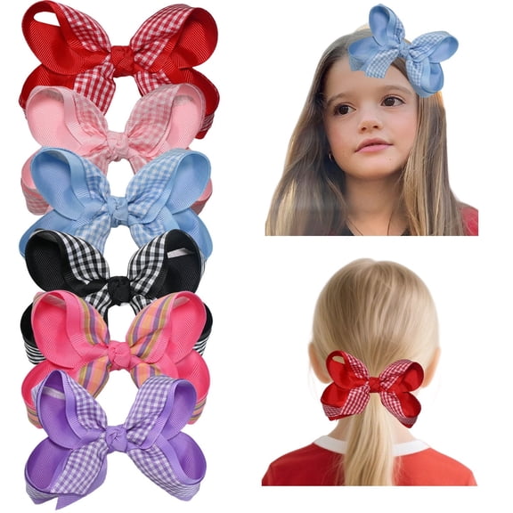 JoyBowie 6 Pack 4.5 Inch Gingham Hair Bows for Girls, Multicolor Plaid Grosgrain Ribbon Bows with Alligator Clips for Toddlers, Kids, Daily Wear and Party Accessories