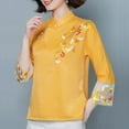 thumbnail image 3 of YM YOUMU Women Chinese Ethnic Floral Embroidery Shirt 3/4 Sleeve Frog Button Mandarin Collar Cotton Linen Blouse, 3 of 5
