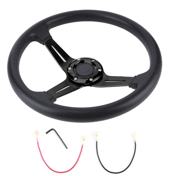 Volante de coche universal de 14 pulgadas, aleación de aluminio de cuero PU con botón de bocina modificado, color negro Jadeshay A