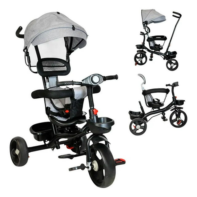 Triciclo Evolutivo Para Niños Tipo Carriola Asiento 360° 7 En 1 Luz Basico Gris