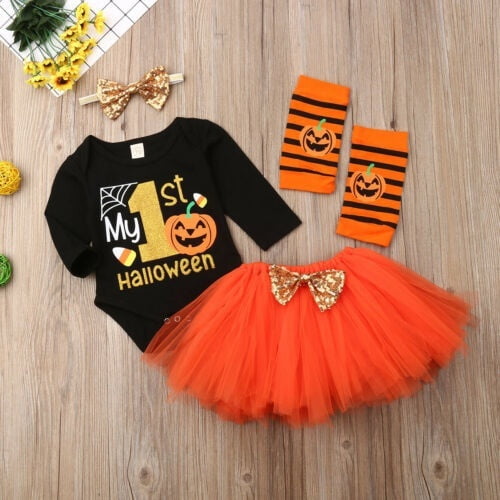 Infant Newborn Baby Girl Halloween Romper Tutu Skirt Leg Warmers Headband Outfit Clothes Set