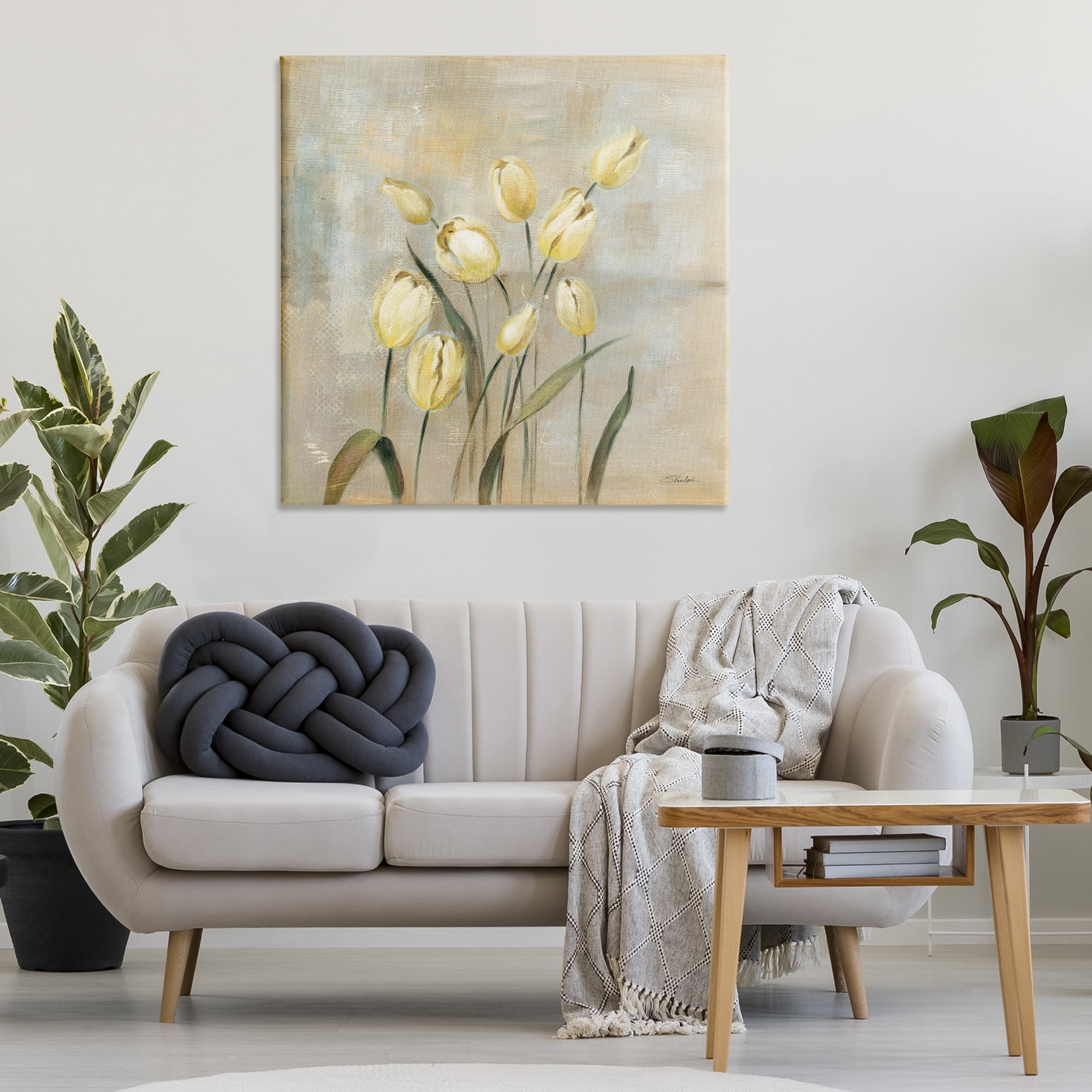 Stupell Industries Yellow Tulips on Beige Botanical & Floral Painting Gallery Wrapped Canvas Art Print Wall Art, 36 x 36