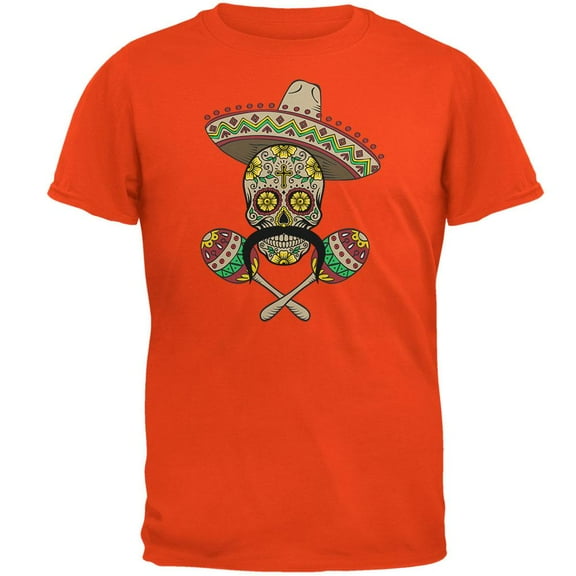 Cinco de Mayo - Sombrero Skull Maracas Crossbones Orange Adult T-Shirt - X-Large