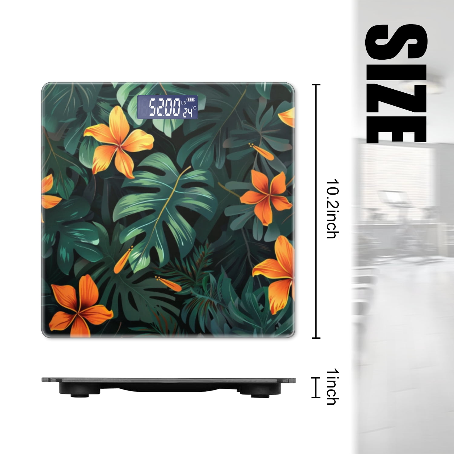 High Precision Body Weight Scale Smart Bathroom Scales with Large LCD Display(400lbs),Decorative for Bedroom-Dark Green Leaves And Vibrant Orange Flower