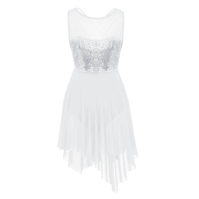 Women Sleeveless Sequin Ballet Dress Sheer Mesh Asymmetrical Hem Lyrical Dance Dress Skating Leotard for Ballerina PerformanceL Gong Bohan LED