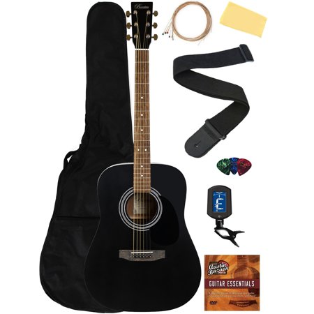 Barcelona D500 Dreadnought Acoustic Guitar - Black Bundle with Gig Bag, Strings, Tuner, Strap, Picks, Instructional Book, DVD, and Austin Bazaar Polishing Cloth