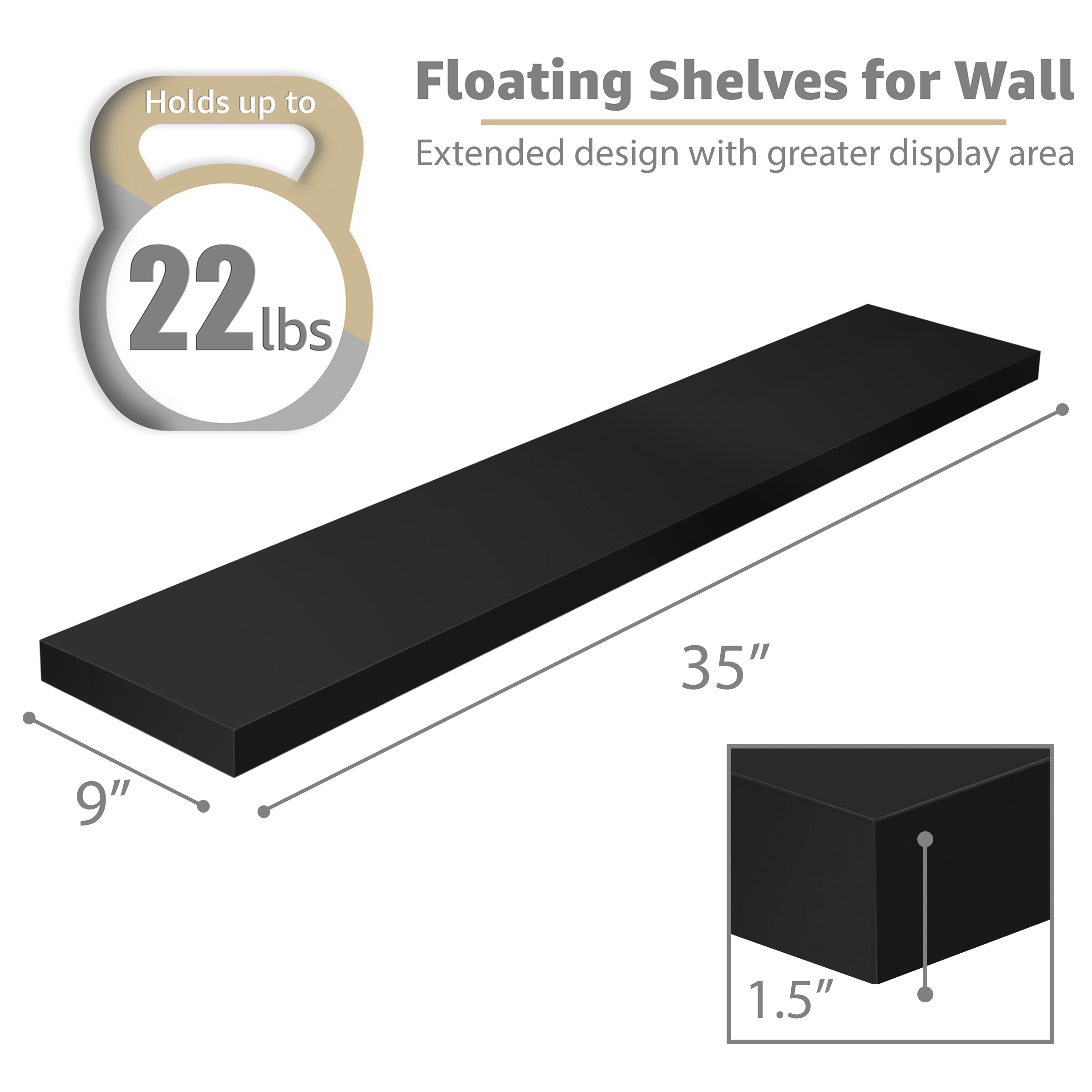 Sorbus Extra Long Floating Shelves, 35 Inches, Black photo 2
