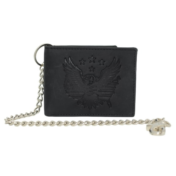 MARSHAL Genuine Leather USA Eagle Chain Wallet for Men  RFID Blocking Bifold Biker Wallet with American Eagle USA Map Design Black