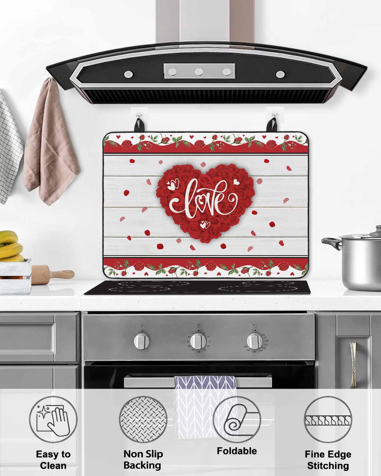 Large Induction Cooktop Protector Mat Valentine's Day Stove Top Covers for Electric Stove, Red Love Heart Roses Romantic Wooden Decorative Stove Burner Cover Mats, Glass Top Stove Cover