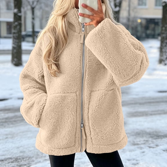 Fengqque Women’s Full‑Zip Sherpa Jacket Long Sleeve Cozy Teddy Warm Casual Outerwear with Pockets for 2026 Fall Winter Daily Wear