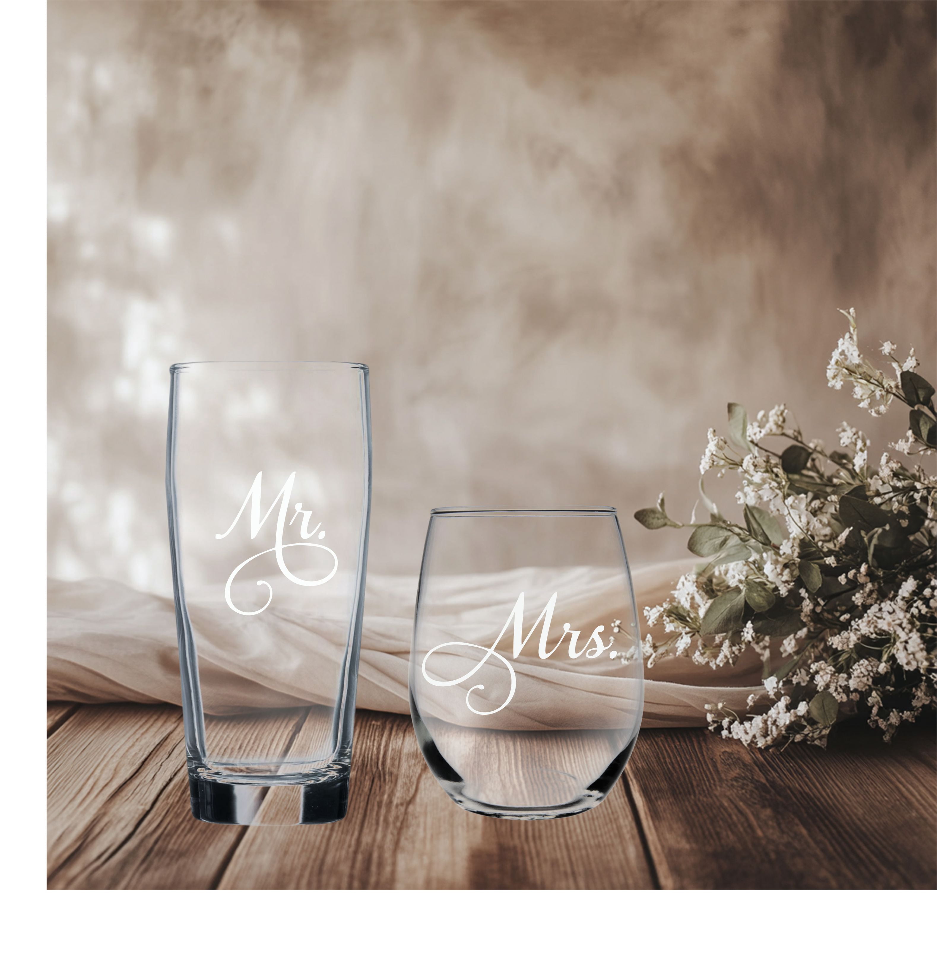 C&M Personal Gifts Mr. 20 oz Beer and Mrs. 15 oz Stemless Wine Glass Set of 2 - Bridal, Engagement, Weddings, Couple Gift