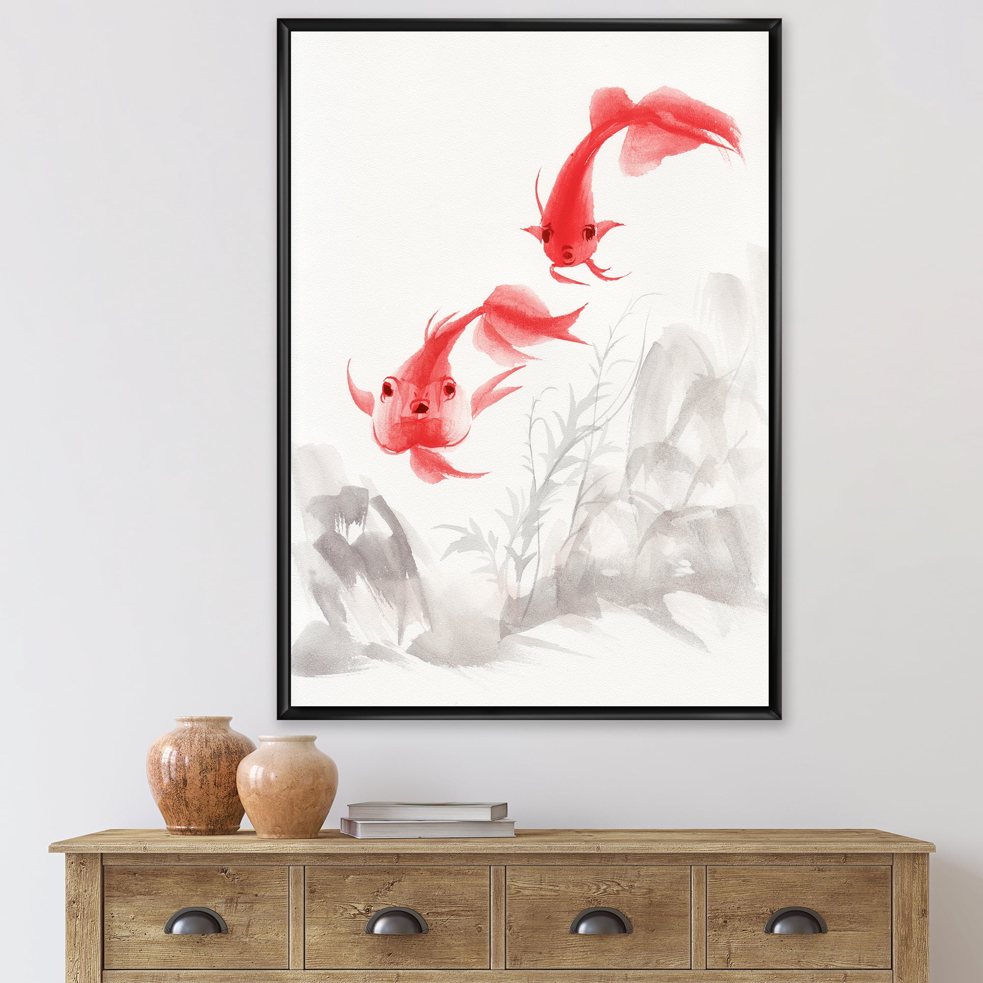 Designart 'Ancient Gold Fishes' Nautical & Coastal Framed Canvas Wall Art Print