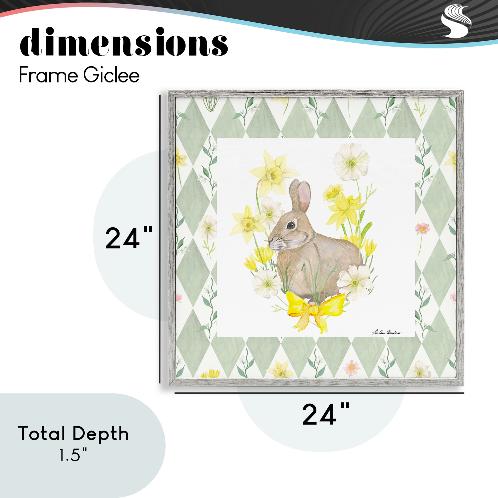 Mother Bunny on Green Argyle Gray Framed Giclee Art, design by Lee Ann Sanders
