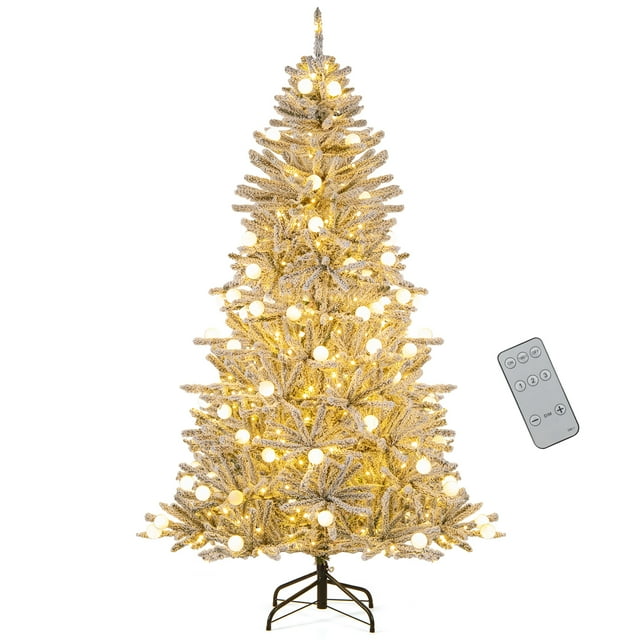 Patiojoy 6 FT Snow-flocked Artificial Christmas Tree Pre-lit Hinged Xmas Tree with 51 Sphere Lights
