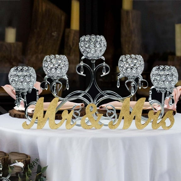 Silver 5 Arms  Pendant Bowl Candle Holder, Large Bling Table Centerpiece for Wedding Dining