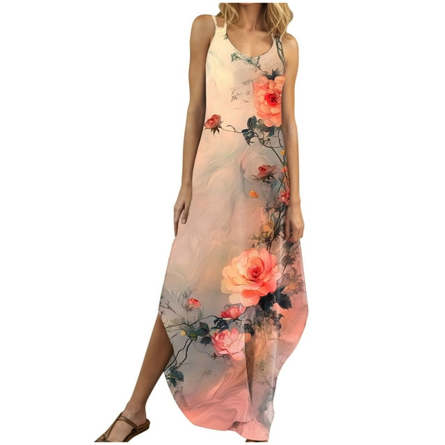 KIHOUT Robes d'Été pour Femmes Mode Dos Nu Sans Manches Col en V Ourlet Fendu Imprimé Maxi Robe Multicolore 2TG