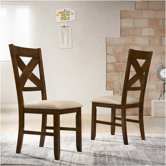 JERFIT 2-Pack Solid Wood Dining Chairs, X-Back Side Chairs with Padded Fabric Seat, Brown Upholstered Armless Kitchen Chairs for Dining Room