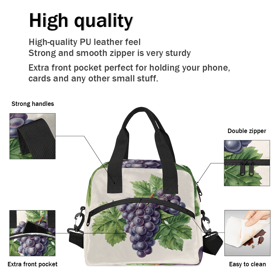 Herdesigns Purple Grape Insulated Lunch Bag for Women Men Adults Large Reusable Lunch Box Leakproof Portable Cooler Tote Bags with Adjustable Shoulder Strap