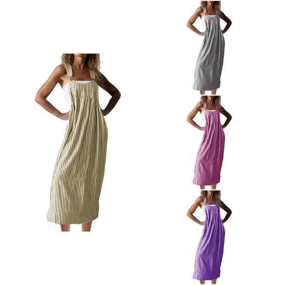 Antinious Ladies Casual Loose Stripe Sleeveless Round Neck Soft Comfortable Long Style Dress