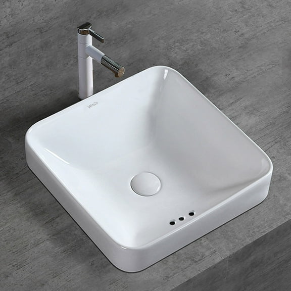 WinZo WZ6173 Square Semi-Recessed Bathroom Sink 16.5" White Ceramic Finish Drop in Vessel Basin