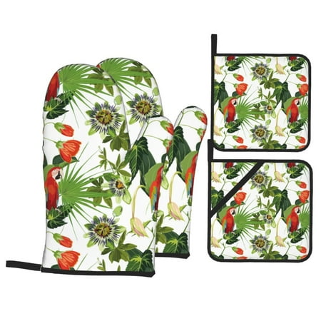 

Oven Mitts and Pot Holders Sets 4 pcs Red Macaw Parrot Flower Plant Non-Slip Oven Gloves Potholders Soft Quilted Lining Heat Resistant Gloves Hot Pads for Kitchen Cooking Baking