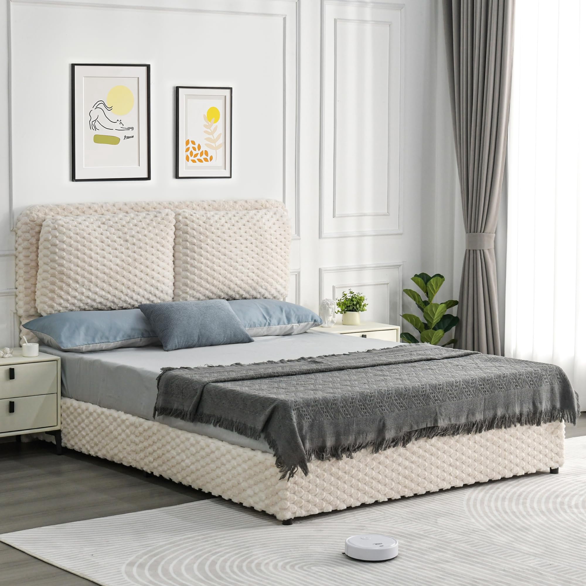 4 EVER WINNER Queen Bed Frame, Queen Size bed Frame with Headboard, Upholstered Bed Frame with Removable Pillows, Cream