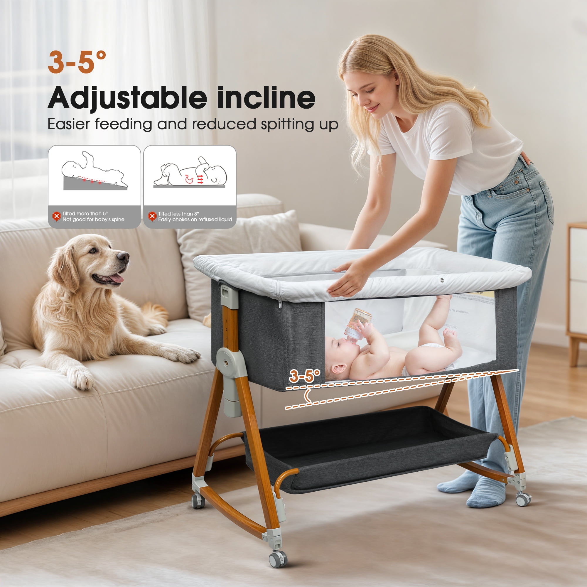 GOOVI Baby Bassinet with Storage Shelf, Gray Co-Sleeper Bassinet
