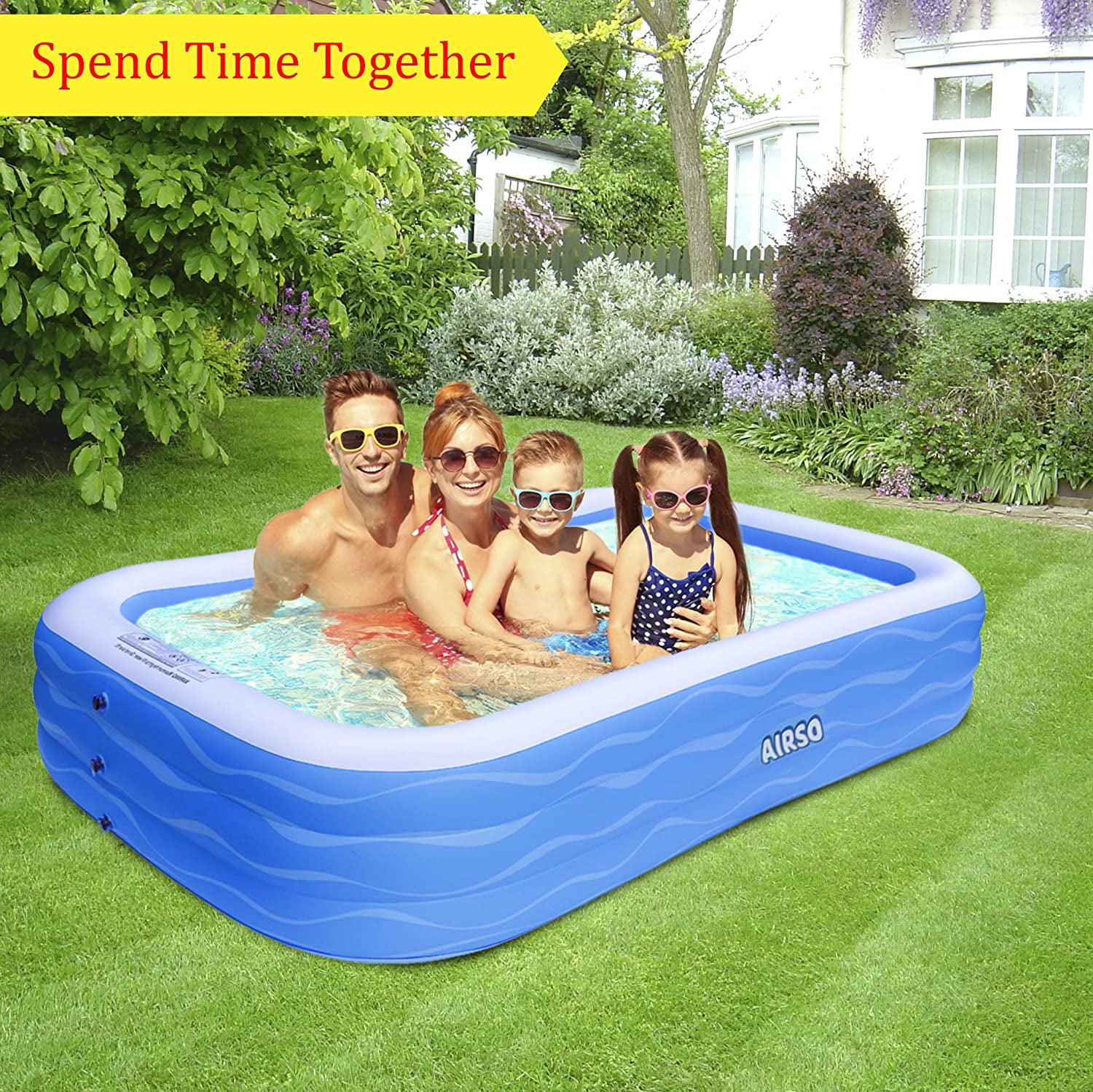 SP-BP001 118 inch X 72.5 inch X 20 inch Rectangle Above Ground Family Blow Up Pool for Kiddie Adults Inflatable Swimming Pool Large Full-Sized Thickened Plastic Pool for Garden Backyard Outdoor 