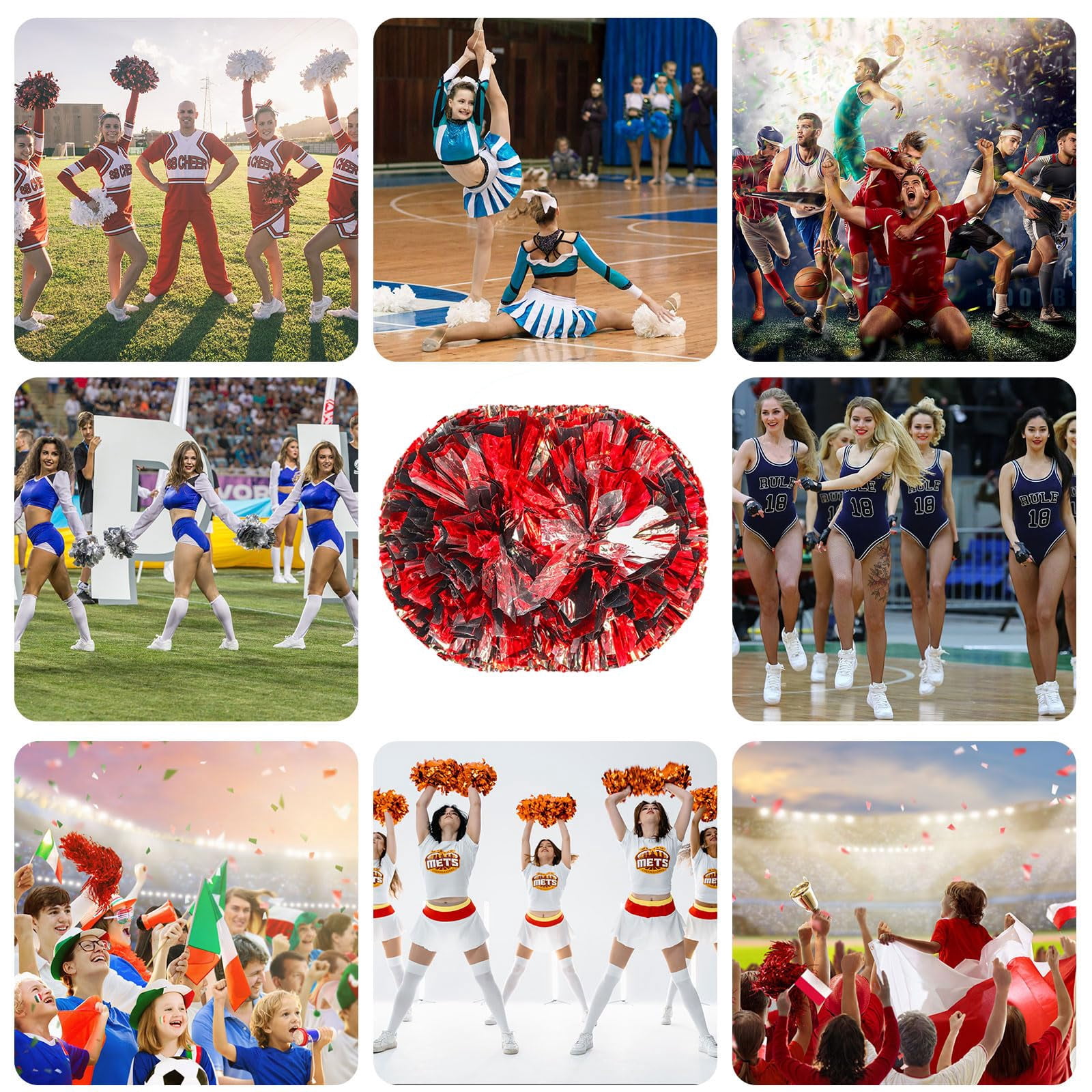 Pom Poms Cheer 18 Pcs with Handle, Cheerleading Handheld Squad Pompoms for Sports Team Spirit Games Dance Party Adults