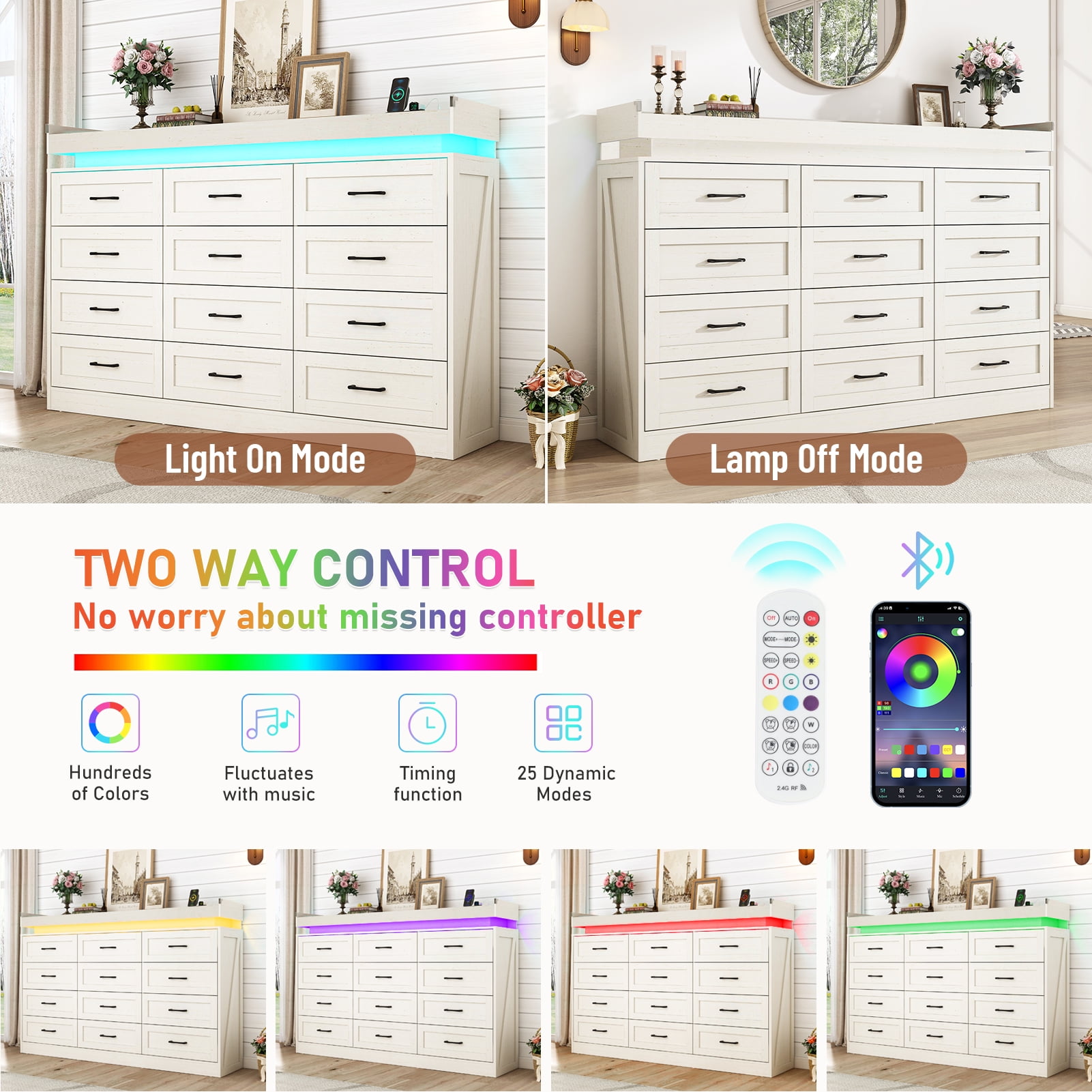ChVans 12 Drawer Dresser with LED Light and Charging Station, 71" Wide 46" Tall Farmhouse Large Chest of Drawers for Closet, Large Wide Drawer Organizer Cabinet for Bedroom, Living Room